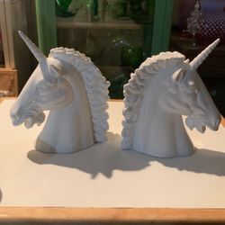 Vintage  Unicorn Bust Porcelain Head Figure Bookends- Japan Quon Quon 7.5”