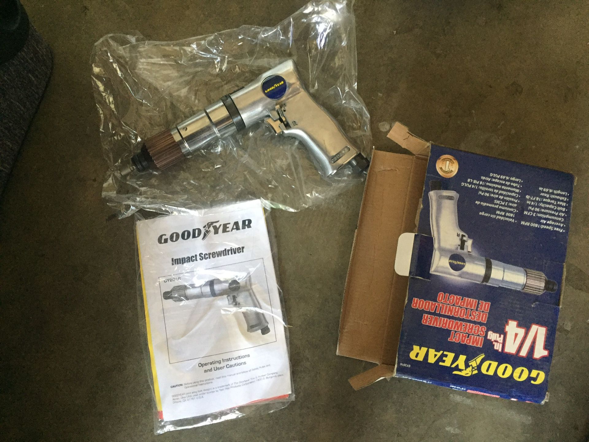 Air tools. Goodyear. Impact screwdriver and air hammer with bits. Brand new in box.