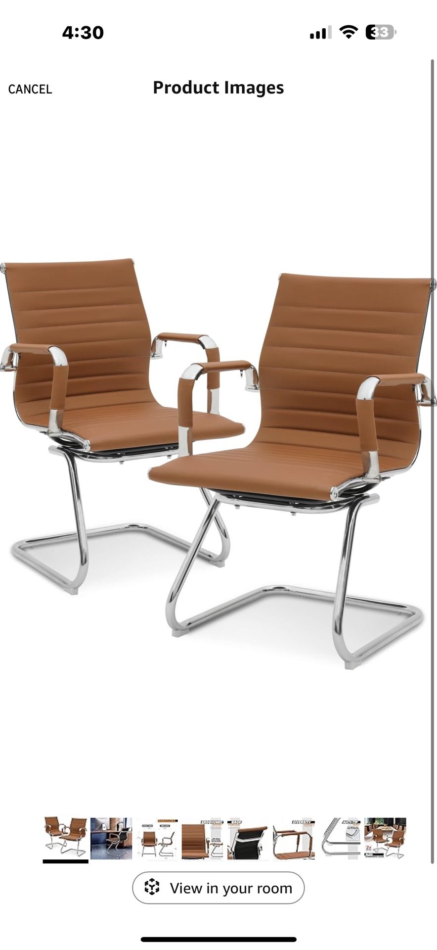 MoNiBloom Office Guest Chair Without Wheels PU Leather Mid-Back Sled Base Chairs for Reception Desk Waiting Meeting Conference Room, 2 Piece, Brown