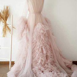 Ladies Dressing Gown Perspective Sheer Long Robe Puffy Tulle Robe Sheer 