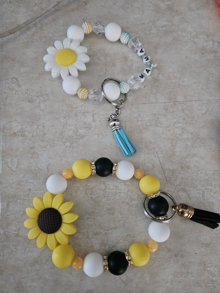 Sunflower and Daisy Beaded Keychain Wristlets