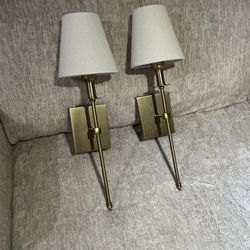 Wall Sconces Set of 2 White Fabric Shade Hardwired Indoor Light Column Stand Bedroom Wall Lamp Bathroom Vanity Light Fixture, Antique Brass