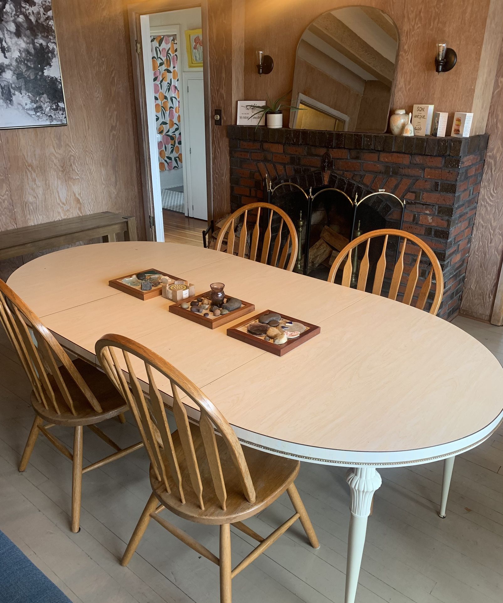 Vintage 1970s Dining Table with Leaf Insert and 4 Wooden Chairs (83” Max L, 42” W, 29” H) - $50