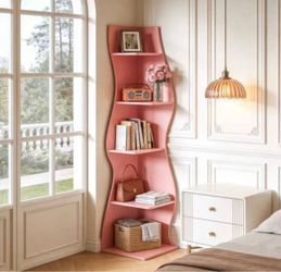 J0402 Modern 70 in. Tall Pink Wood 5-Shelf Corner Bookcase with Ample Storage and Space-Saving Design for Living Room, Office