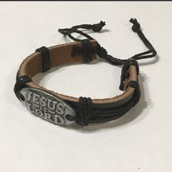 Black leather bracelet with silver jesus is lord charm