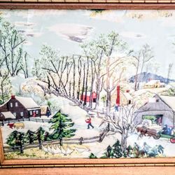 Vintage Grandma Moses Fabric Folk Art
