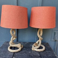 Lot of 2 Pottery Barn Rope Knot Table Bedside 23" tall Lamp Base Nautical WORKS