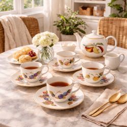 Royal Worcester England 1960s Evesham Tea Cups & Saucers Set Of 4