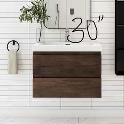 READ B4 Messaging Bathroom Floating wood vanity white sink 30” wall mounted Cabinet Drawers TWO new in box  Bath Baño Small Marble Sinister is I