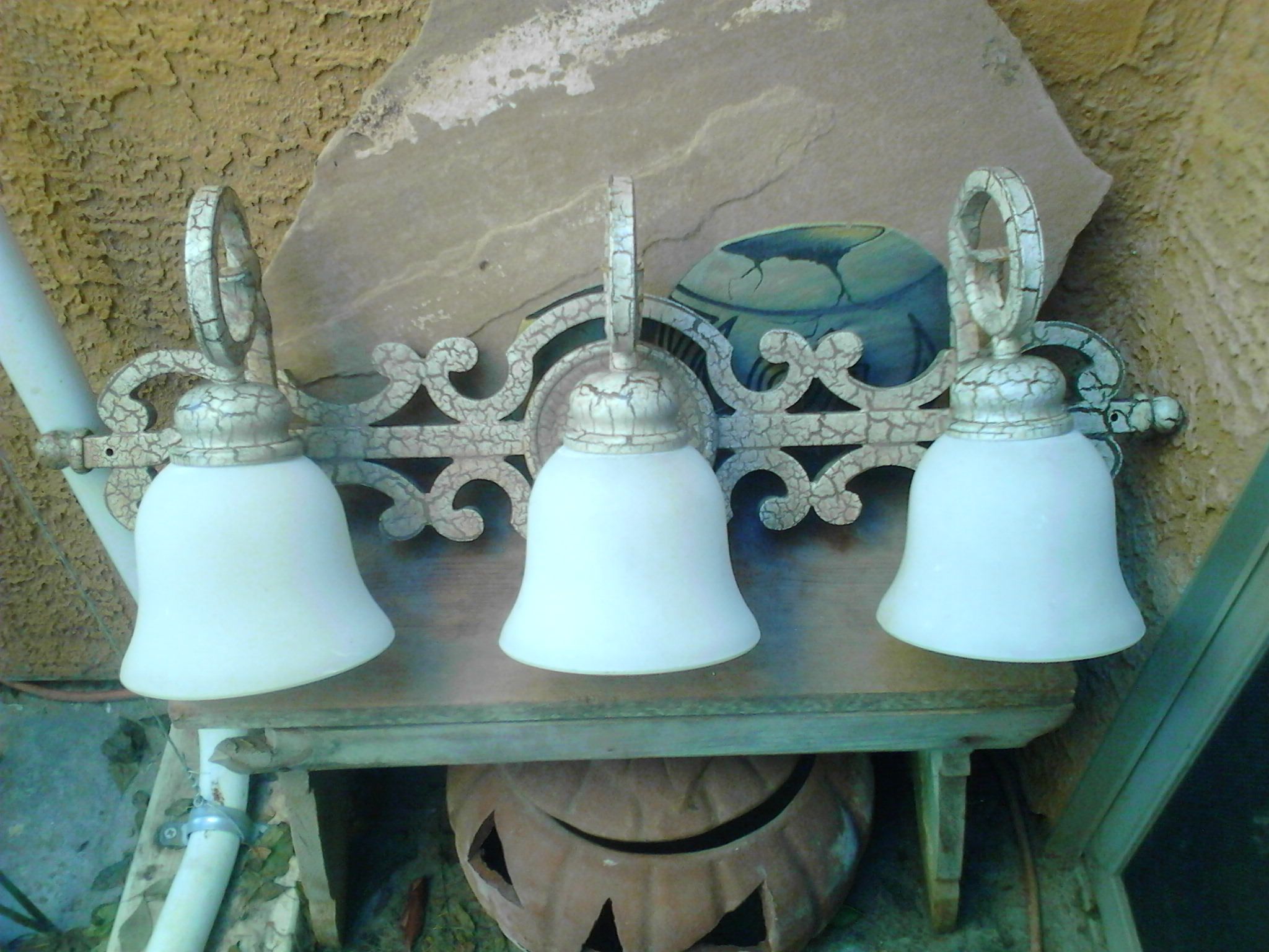 Three light vintage vanity wall lighting fixture, antique wrought iron
