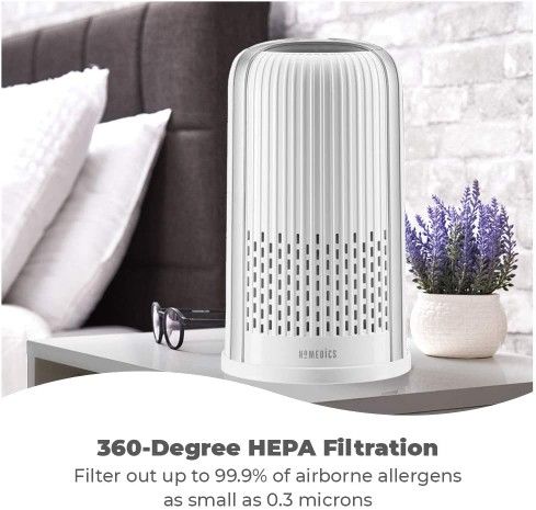 Homedics TotalClean 4-in-1 Tower Air Purifier, 360-Degree HEPA Filtration for Allergens, Dust and Dander with Ionizer for Home, Office and Desktop, Ni