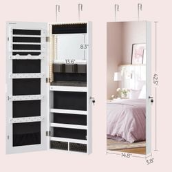SONGMICS Mirror Jewelry Cabinet Armoire Organizer Wall Full-Length Frameless Lighted - White