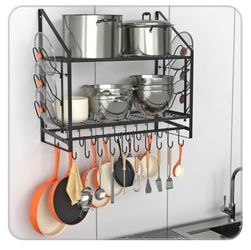 28 Inch Pot Rack Wall Mounted, 2 Tier Pots and Pans Organizer with 20 Hooks and 6 Pot Lid Holders, Heavy Duty Steel Pot and Pan Hanger for Kitchen Coo