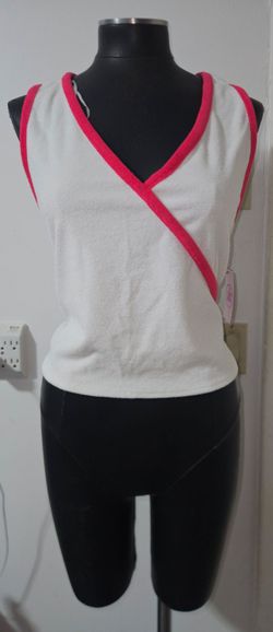 White Terry Cloth Wrap Top with Pink Trim