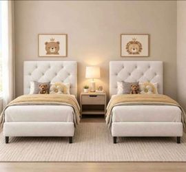 2pcs Twin Bed Frame for Kids, Upholstered Platform Bed, White
White Bed Frame with Tufted Headboard, No Box Spring Needed, Easy Assemble