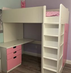 Twin White and pink loft bed from ikea