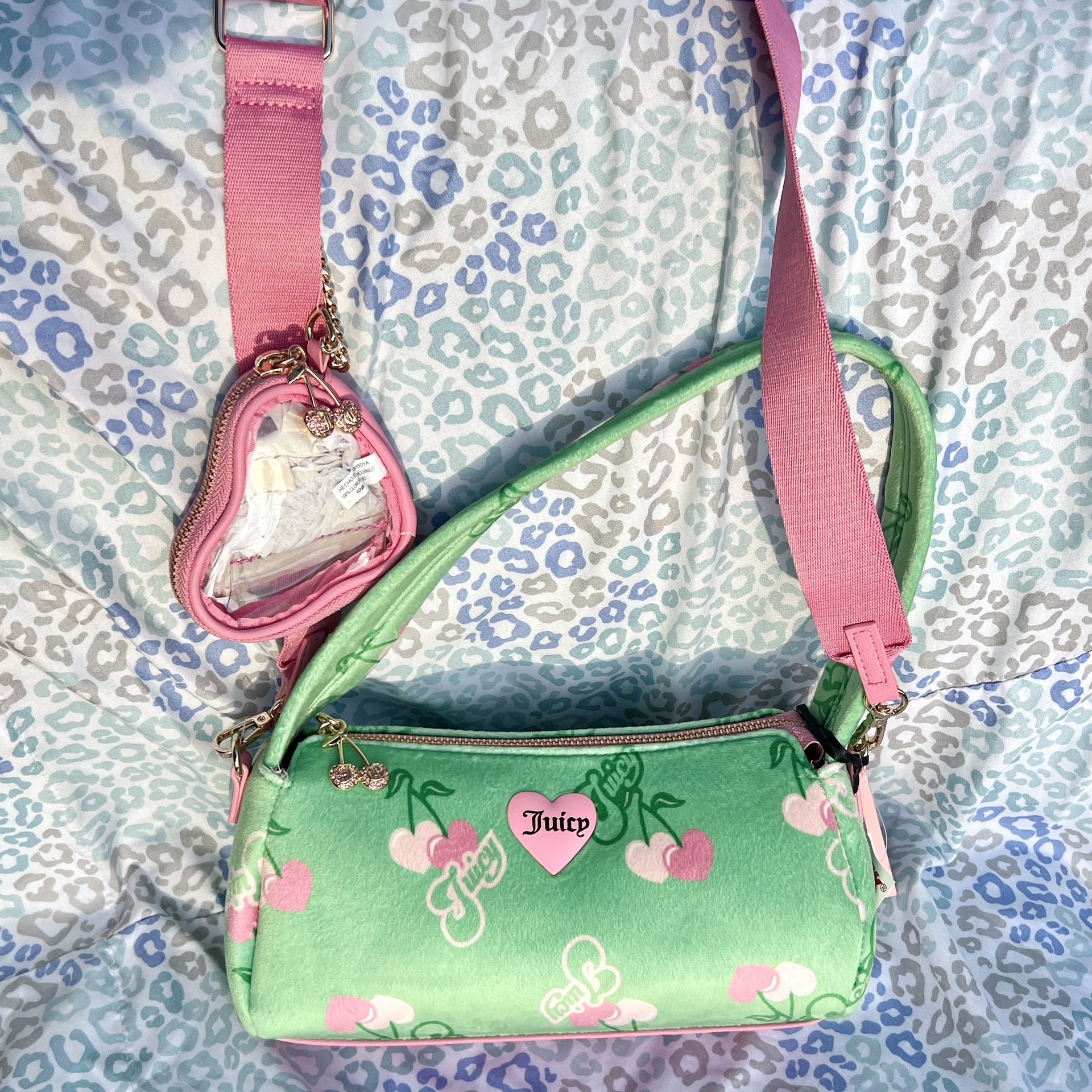 New Green Juicy Couture Purse Cherry Velvet Shoulder Bag Handbag Vintage Style