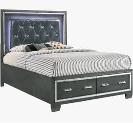 Queen size bed Titanium w/led lights and 2 storage drawers. Mattress not included.