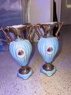 2pc Vintage Italian Urn Vase Set, Ceramica Le Torri Style, Pastel blue and Gold, Urn-Shape, With Gold Handles, 1980s