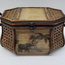 Vintage Elephant & Palm Tree Cane Mesh & Wood Storage Box Rustic 11.5"×7"