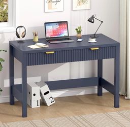 39 Inch Farmhouse Small Computer Desk with 2 Drawers & Power Outlets, Blue