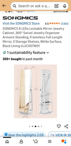 6 LEDs Lockable Mirror Jewelry Cabinet, 360° Swivel Jewelry Organizer