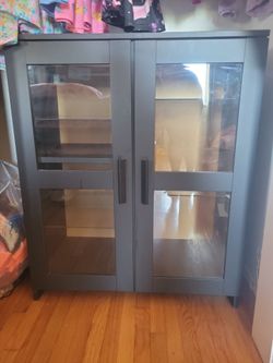 Dark Brown  Wood Cabinet with Glass Doors