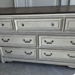 Distressed White Dresser with Mirror Dark Top 7 Drawers