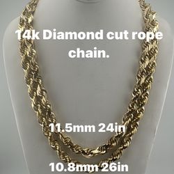 14k 11.5 24in & 10.8 26in  diamond cut rope chain. new in stock.