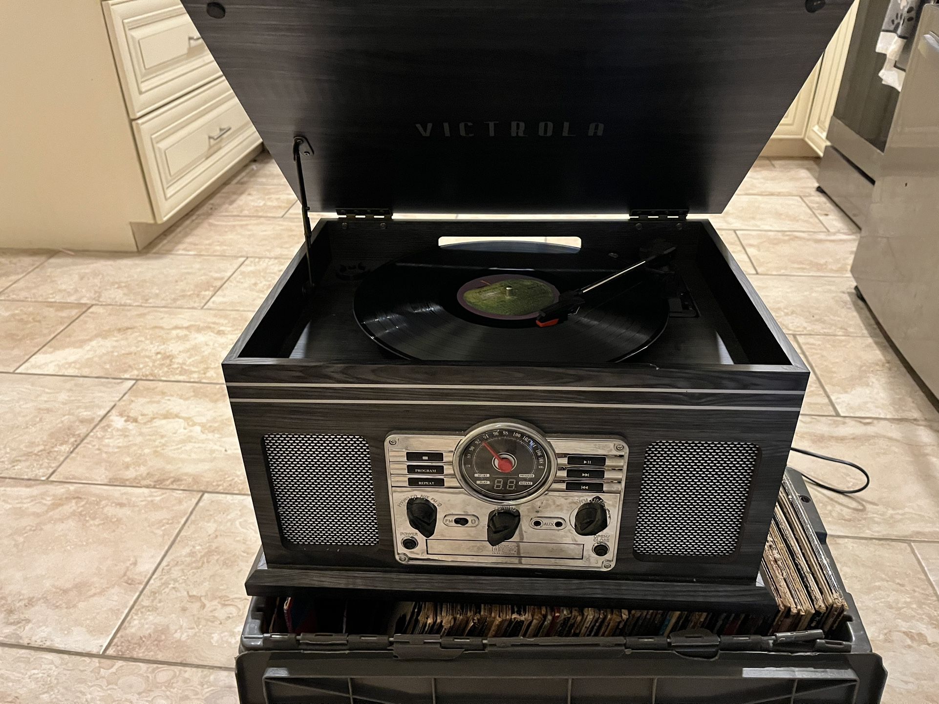Victrola Record Player And Box Of Classic Rock Records