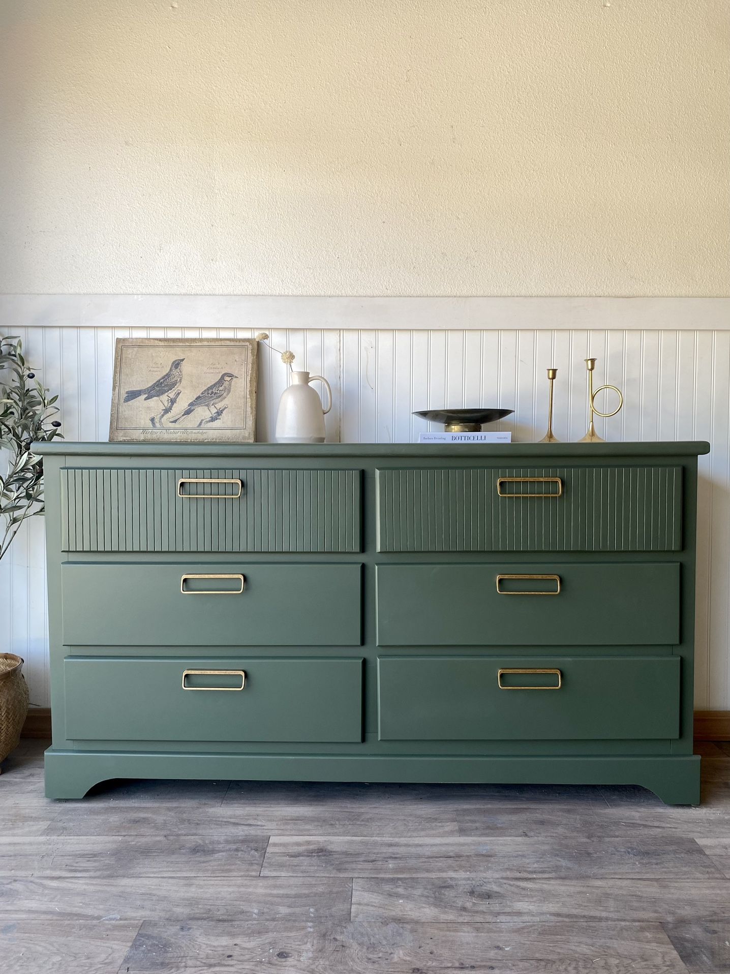 Beautiful Dark Green Lowboy Dresser Fluted Drawers Bronze Hardware