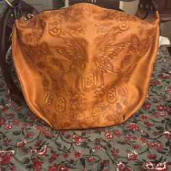 RARE MARINO ORLANDI EMBOSSED BUTTERFLY COGNAC LEATHER SLING BAG HANDBAG BACKPACK