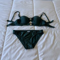 Brand New Forest Green Padded Bikini Set with Ring Details – Two-Piece Swimsuit (S)