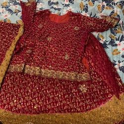 Bridal full Embroidried Sharara Dress Red And Fawn Color Combination Size Xl