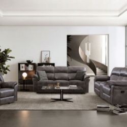 Brand New Grey Leather 3pc Reclining Sofa Set 