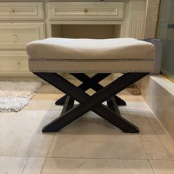 Stylish Cream Upholstered Vanity Bench with Nailhead Trim & Black X-Base