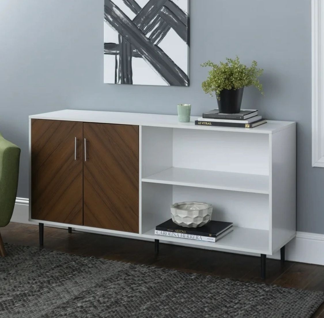 New Mid Century Modern Two-Tone Storage Console, TV Stand, Sideboard Buffet Record Player/Album Display