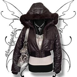 Vintage Y2K Cropped Brown Puffer Jacket with Silver Metallic Stars & Faux Fur Trim Hood