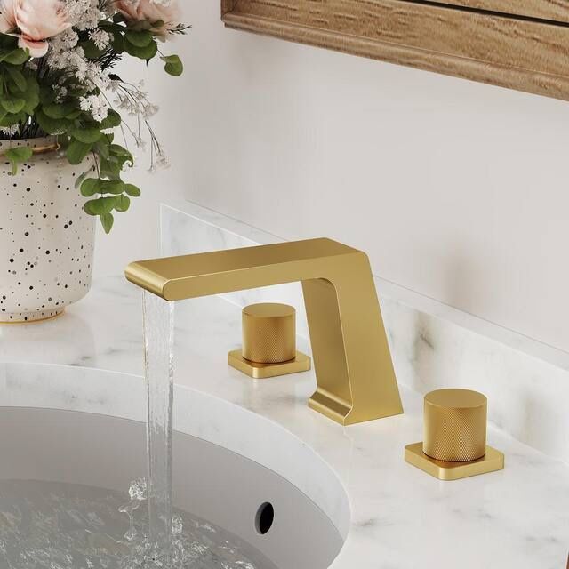 EVERSTEIN Brushed Gold Widespread Bathroom Sink Faucet with Pop Up Drain Waterfall Bathroom Faucet for 3 Holes Vanity Sink