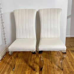 New Off White Velvet Dining Chairs Rolled Back Silver Mirrored Stainless Steel Cabriole Leg Set of 2