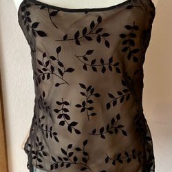 Beautiful Embroidered Leafs Black Top With Flesh Color Layer Underneath 
