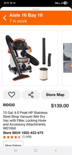 RIDGID 10 Gal. 6.0 Peak HP Stainless Steel Shop Vacuum Wet Dry Vac with Filter, Locking Hose and Accessory Attachments WD1060