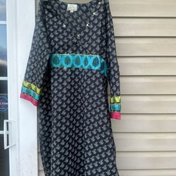 Sabhyata black block print, with pink & blue, cotton XL Dress Kurta. Indian