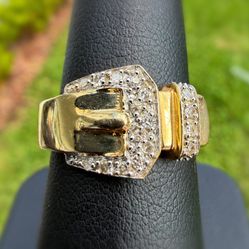 Jewelry 14k solid yellow gold natural diamond 0.30CTW round cut belt buckle Ring sz 9.50