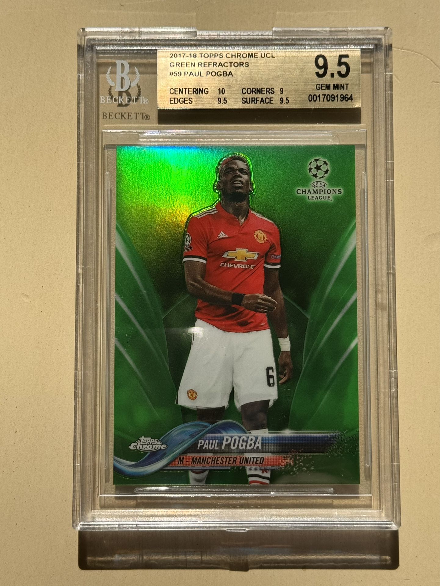2017 Topps Chrome UCL Paul Pogba Green Refractor #59 /99 BGS 9.5 Manchester United