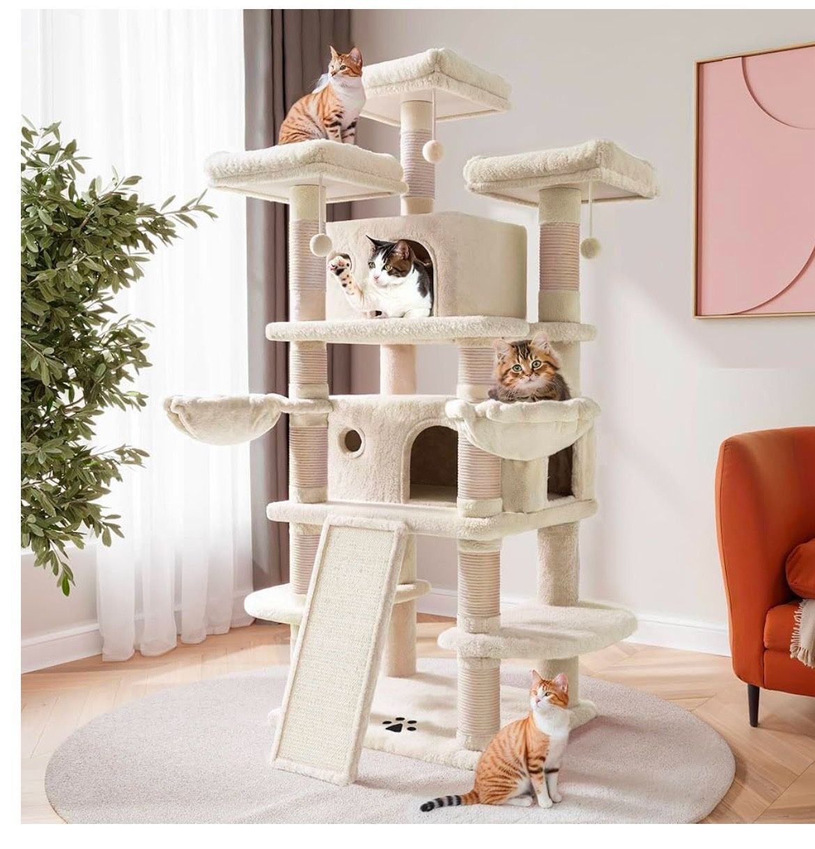 68 Inches Multi-Level Cat Tree Tower with Condo, Plush Perches, Scratching Posts, Hammocks, and Play House, Beige
