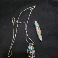 Turquoise And Siliver Necklace Amd Charm