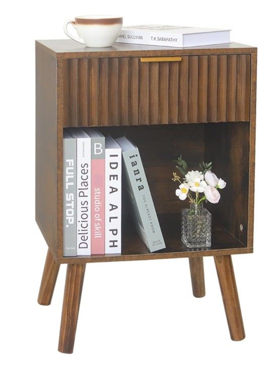 Mid Century Modern Nightstand, Wood Bedside Table with Drawer and Opening Storage, End Table Living Room Fluted Night Stand with Solid Wood Legs for B