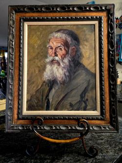 antique oil painting on canvas depicting a bearded rabbi 24"×27.5"
