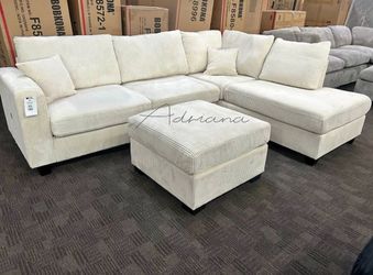 Brand New ‼️ 3-Pc Corduroy Sectional Sofa With Storage Ottoman And USB Port